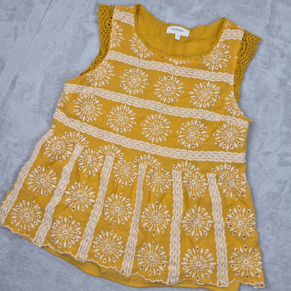 Bohme Bohme Mustard Yellow Floral Eyelet Embroidery Peplum Top Sleeveless Small